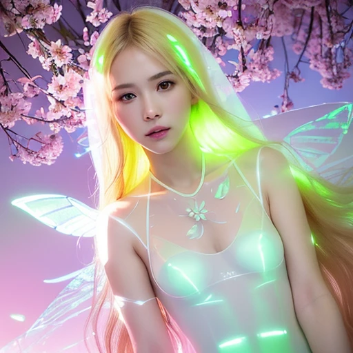 (((full medium shot))), (Masterpiece, photorealistic, photorealism, best quality, ultra-detailed:1.3), (nice hands, perfect hands), official art, cinematic light, (1girl:1.3), adult, A Russian woman facing towards the camera. ((long blonde hair)), (pink and white sleeveless transparent translucent leotard,silhouette),(blue stockings),(ethereal:1.6),fantasy artwork,intricate artwork,sketch,minimalism,clear lines,(double exposure:1.4),(extremely luminous translucent body:1.5),(floral pattern decoration,glowing effect:1.2),
