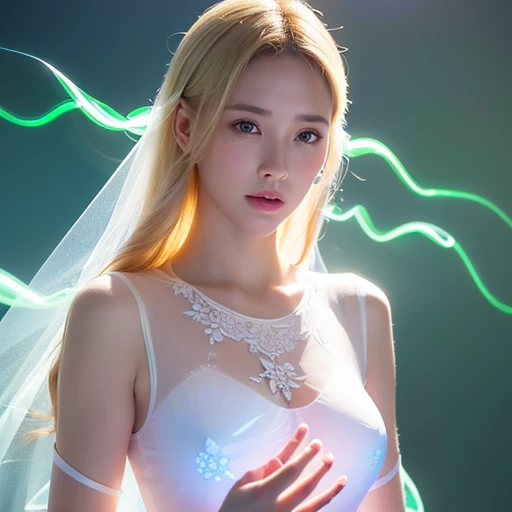 (((full medium shot))), (Masterpiece, photorealistic, photorealism, best quality, ultra-detailed:1.3), (nice hands, perfect hands), official art, cinematic light, (1girl:1.3), adult, A Russian woman facing towards the camera. ((long blonde hair)), (pink and white sleeveless transparent translucent leotard,silhouette),(blue stockings),(ethereal:1.6),fantasy artwork,intricate artwork,sketch,minimalism,clear lines,(double exposure:1.4),(extremely luminous translucent body:1.5),(floral pattern decoration,glowing effect:1.2),