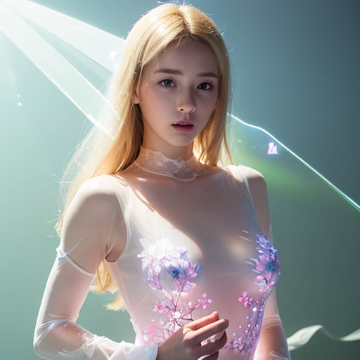 (((full medium shot))), (Masterpiece, photorealistic, photorealism, best quality, ultra-detailed:1.3), (nice hands, perfect hands), official art, cinematic light, (1girl:1.3), adult, A Russian woman facing towards the camera. ((long blonde hair)), (pink and white sleeveless transparent translucent leotard,silhouette),(blue stockings),(ethereal:1.6),fantasy artwork,intricate artwork,sketch,minimalism,clear lines,(double exposure:1.4),(extremely luminous translucent body:1.5),(floral pattern decoration,glowing effect:1.2),