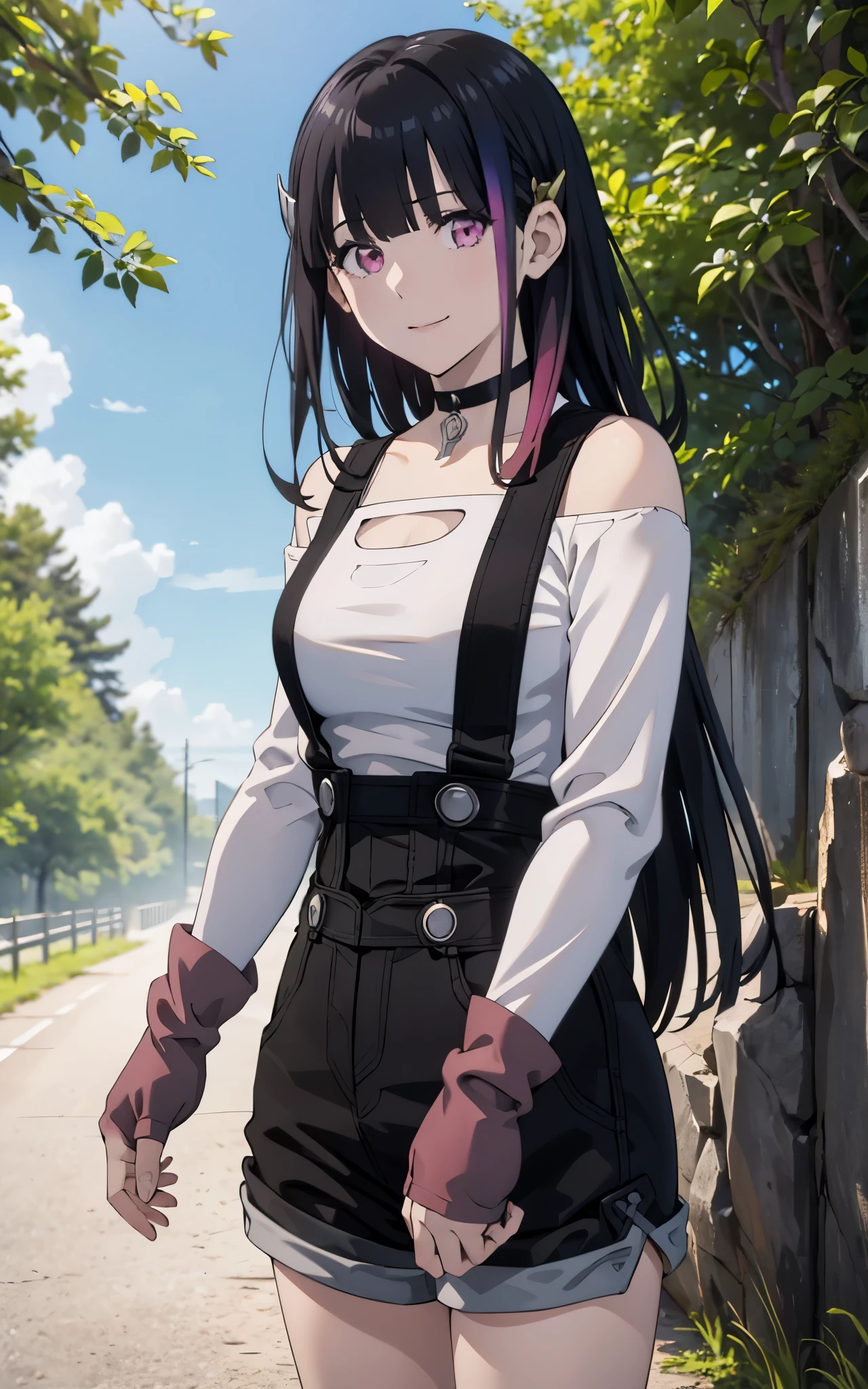 Realistic version of rouge redstar,1girl,pale skin, black hair, solo, long hair, pink eyes, black overall shorts,white off-shoulder shirt,suspenders,straps,silver buttons, indian red arm warmers,ear ornament, black choker, streaked hair, blunt bangs, looking at viewer,seductive smile, cowboy shot,stone wall, (best quality, masterpiece),blue sky,tree, long sleeves,clothing cutout, suspenders 