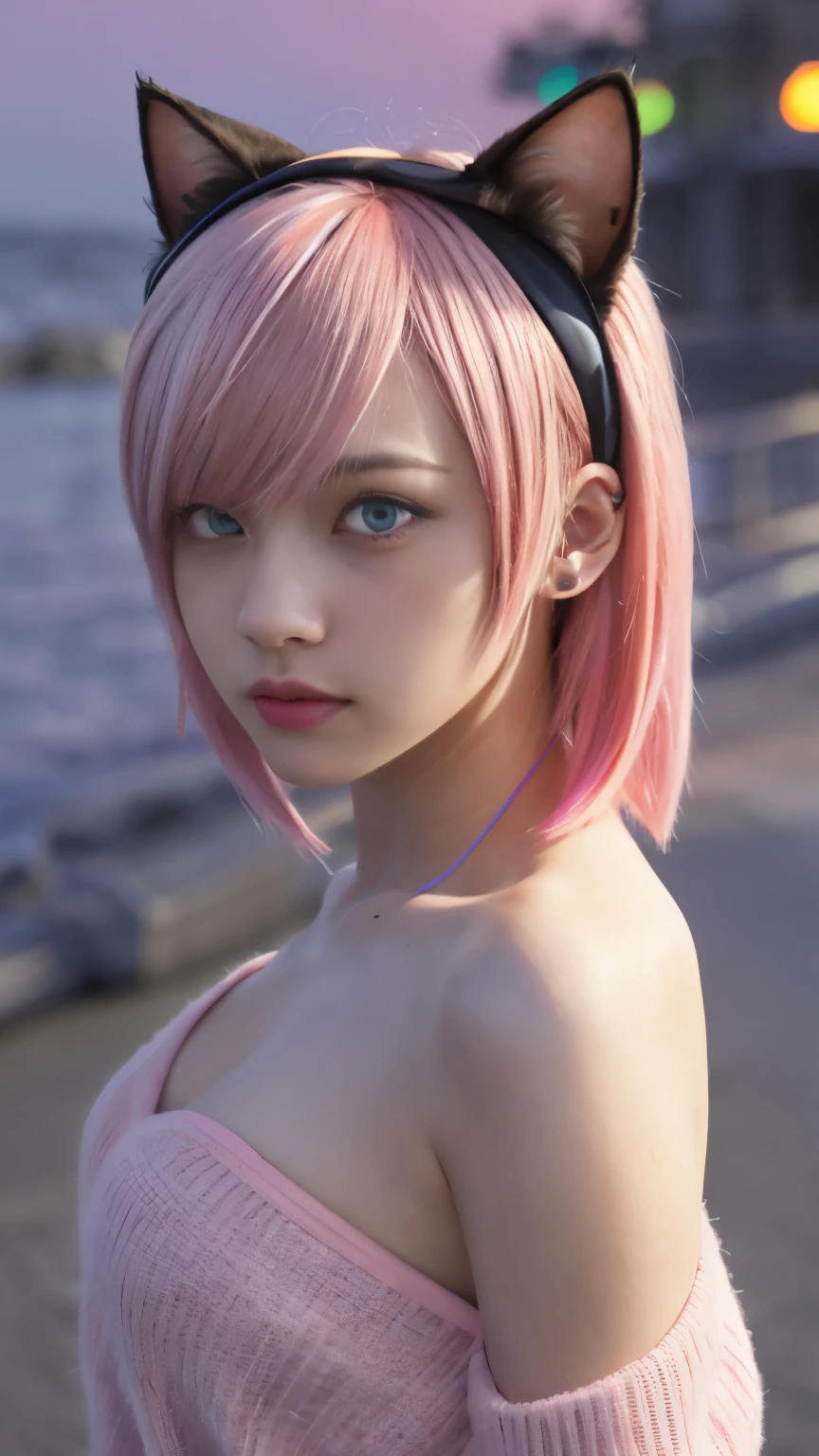 (Emo art:1.2), masterpiece, highest quality, 4K, Photorealistic, bokeh, enlightenment, (1 perfect portrait of a girl), A fascinating eye for perfect detail), colorful hair,(gradient hair), (Neon Pink hair:1.2),(cat ears), (exposed bare shoulders), (long-term alienation_sleeve), (lean forward a little), If you look up,hair ornaments, (shy), head tilt, movie lighting, oversized clothes, ((seductive pose)), (Neon pink sunset seashore:1.2), Light blue eyes, (Medium breast:1.2), close up,