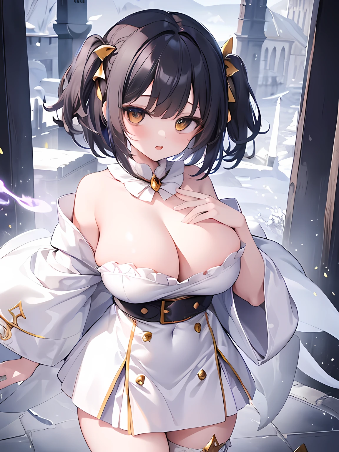 master piece,best quality,(super detail),perfect writing, Highly detailed CG,Super detailed,(highly detailed eyes,very cute face,highly detailed face:1.3),beautiful anime girl,(solo girl),(super huge breasts:1.7),(black hair,short hair,2 side up:1.5),(big yellow eyes:1.1),(low length),jitome,(happy smile),open your mouth wide,break,(wizard costume,White Wizard Robe,White Wizard Tunic:1.5),mini skirt,Red jewelled ribbon tie,bear shoulder,bell sleeve,golden decoration,Blue embroidery,gold hair ornament,White Thigh Socks,Absolute area,leather belt,big magic wand,god々new light,intense magic effects,cobblestone road,medieval castle town,Are standing,(dynamic pose,dynamic angle,cowboy shot:1.2)