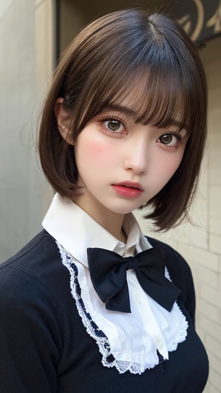 cute 21 year old japanese、apron, black bow tie、Waiter、open cafe、super detail face、pay attention to details、double eyelid、beautiful thin nose、sharp focus:1.2、Beautiful woman:1.4、(light brown hair,short hair、),pure white skin、highest quality、masterpiece、ultra high resolution、(Photoreal:1.4)、Light of the sun、nice smile、Please show me your whole body、
