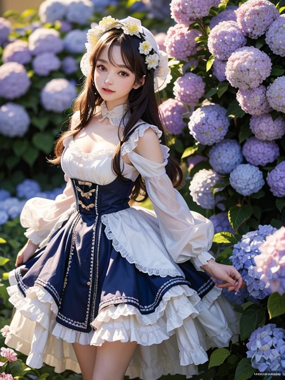 highest quality, masterpiece, ultra high resolution, 8K, to be born, (realistic:1.4), professional lighting, Depth of written boundary, (detailed background:1.5), hydrangea, flower garden, thin, dynamic pose, 1 girl, cute, smile, big black eyes, open your mouth, small breasts, fine clothes, white, One piece with frills