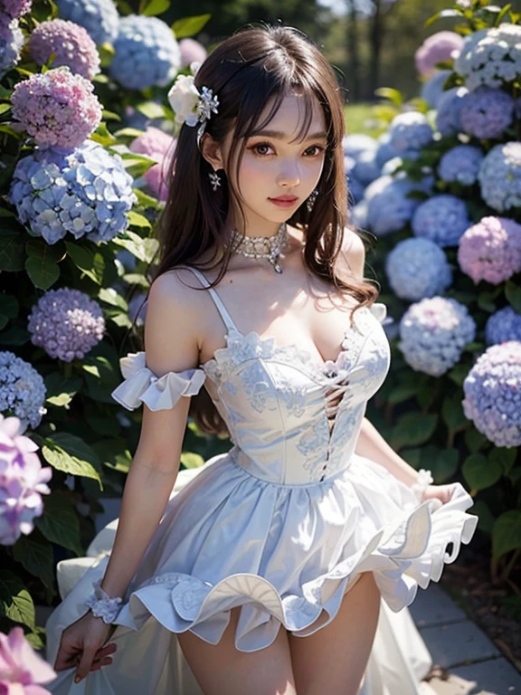 highest quality, masterpiece, ultra high resolution, 8K, to be born, (realistic:1.4), professional lighting, Depth of written boundary, (detailed background:1.5), hydrangea, flower garden, thin, dynamic pose, 1 girl, cute, smile, big black eyes, open your mouth, small breasts, fine clothes, white, One piece with frills