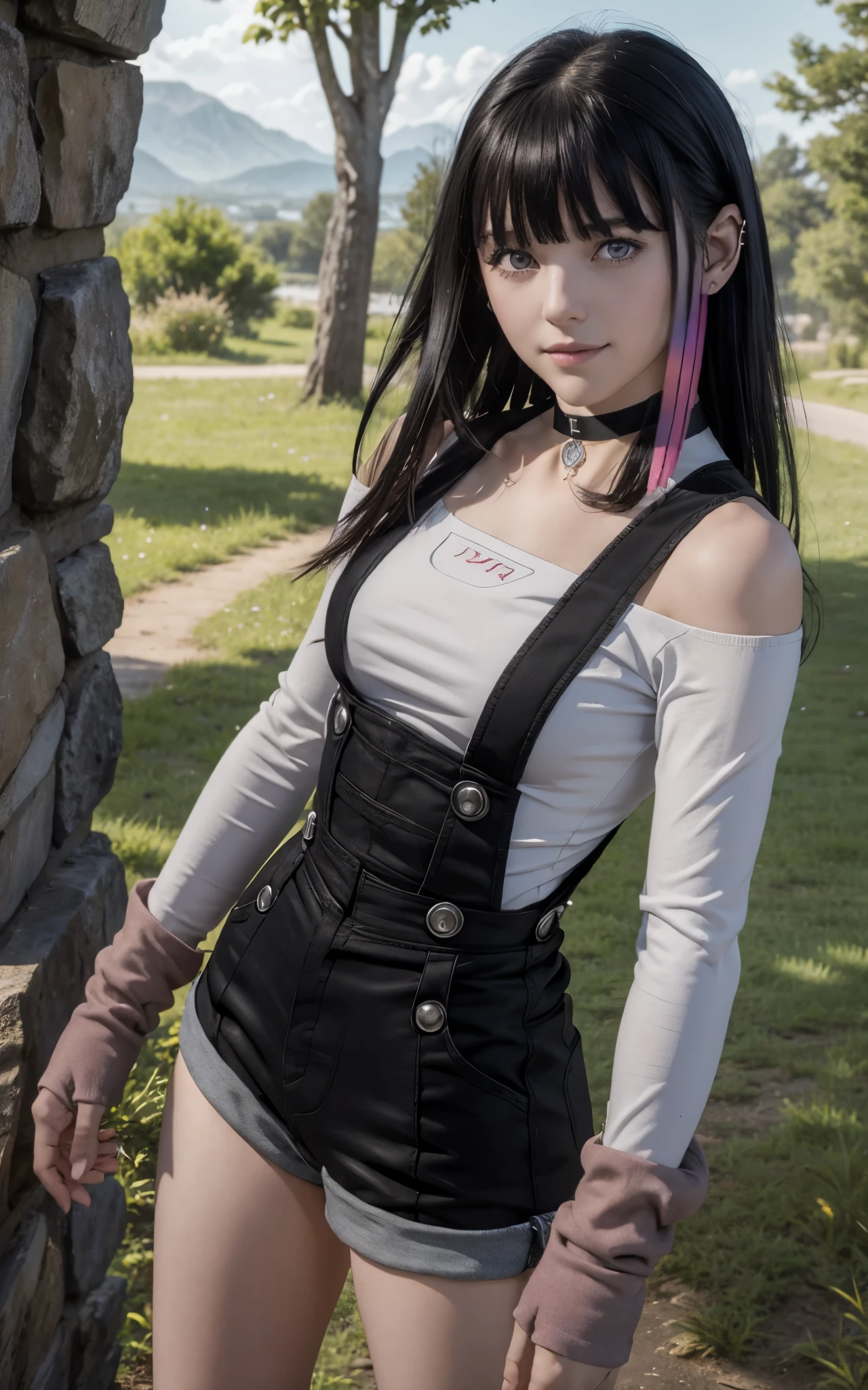 Realistic version of rouge redstar,1girl,pale skin, black hair, solo, long hair, pink eyes, black overall shorts,white off-shoulder shirt,suspenders,straps,silver buttons, indian red arm warmers,ear ornament, black choker, streaked hair, blunt bangs, looking at viewer,seductive smile, cowboy shot,stone wall, (best quality, masterpiece),blue sky,tree, long sleeves,clothing cutout, suspenders 