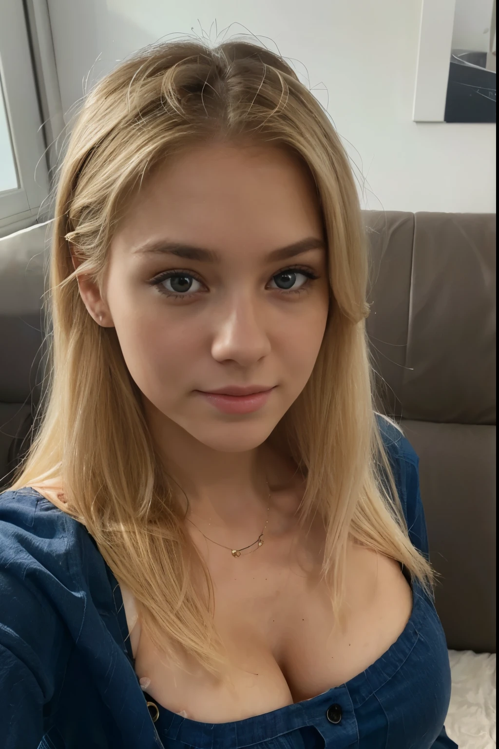 iPhone quality, selfie, small hair on skin, skin untouched, impure skin, full body picture, laying on couch, cut out, ausschnitt, at home, cute outfit, young and cute face, chubby, best quality, Meisterwerk, Realistisches Foto, Komplizierte Details, RAW-Foto, Ultra-detailliert, blondes haar, cute face, Body size B, blondes Haar, perfekte und blaue Augen, young woman, 20 Jahre alt