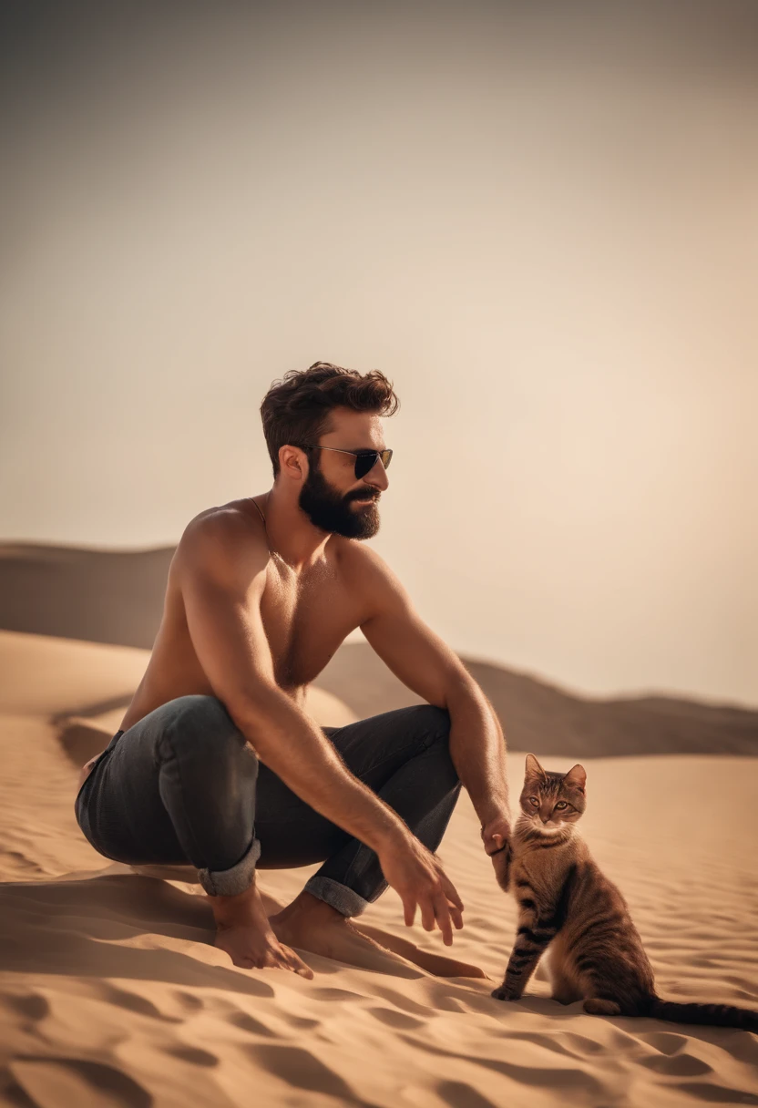 Handsome  beard Turkish guy tall thin shirtless desert bikini showing armpit hug a cat sunglasses underwear 🩲 full body 