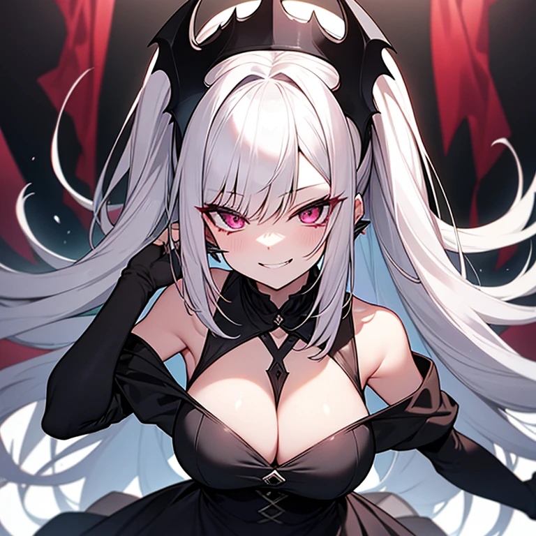 silver hair、sharp eyes、pink eyes、vampire、Ruthless smile、bloody face、black dress、big breasts、darkness、Aggressive、Insanity