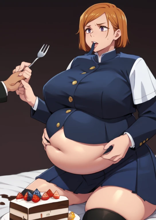 (masterpiece, best quality), 1girls, big belly, blurry background, huge belly, art by kipteitei, round belly, chubby, curvy, short cut hair, brown hair, ripped shirt, skirt, thighhighs, simple_background, gradient_background, belly bursting out of (((black school uniform))), long sleeves, enormous belly, fat belly, thicc, bigger belly, really big belly, jiggly belly, giant huge belly, big enormous belly, ((((gigantic belly)))), bloated belly, fat belly, ginormous big belly, expanding big belly, sfw, safe for work, kneeling on bed, sfw (safe for work), nobara kunisaki, (((a person out of frame is feeding her a bite of cake on a fork, she has her mouth open wide for the cake to go))), sweating, blushing, (mouth open wide, tongue out, she is saying aaah)