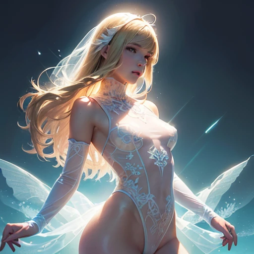 (((full medium shot))), (Masterpiece, photorealistic, photorealism, best quality, ultra-detailed:1.3), (nice hands, perfect hands), official art, cinematic light, (1girl:1.3), adult, A Russian woman facing towards the camera. ((long blonde hair)), (pink and white sleeveless transparent translucent leotard,silhouette),(blue stockings),(ethereal:1.6),fantasy artwork,intricate artwork,sketch,minimalism,clear lines,(double exposure:1.4),(extremely luminous translucent body:1.5),(floral pattern decoration,glowing effect:1.2),