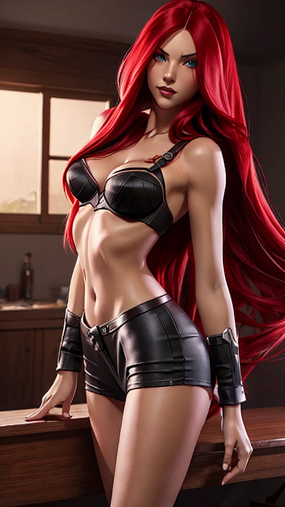(best quality, realistic, detailed) Katarina wearing bra and panty, red long hair, slim, smooth lighting