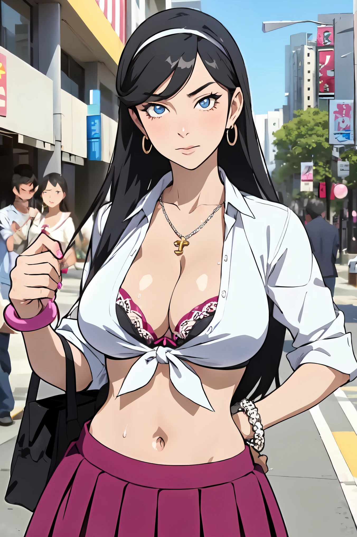 masterpiece, best quality, kumashiro maya, 1girl, solo, breasts, cleavage, long hair, white headband, parted bangs, blue eyes, looking at viewer, sweat, large breasts, collared shirt, tied shirt, pleated skirt, flashy gyaru, happy, showy,too many accessories, colorful , kogal, kogal gyaru, necklace, earrings, bracelet, bra,  handbag, (skirt lift:1.2),  (cameltoe), navel, midriff, (makeup)