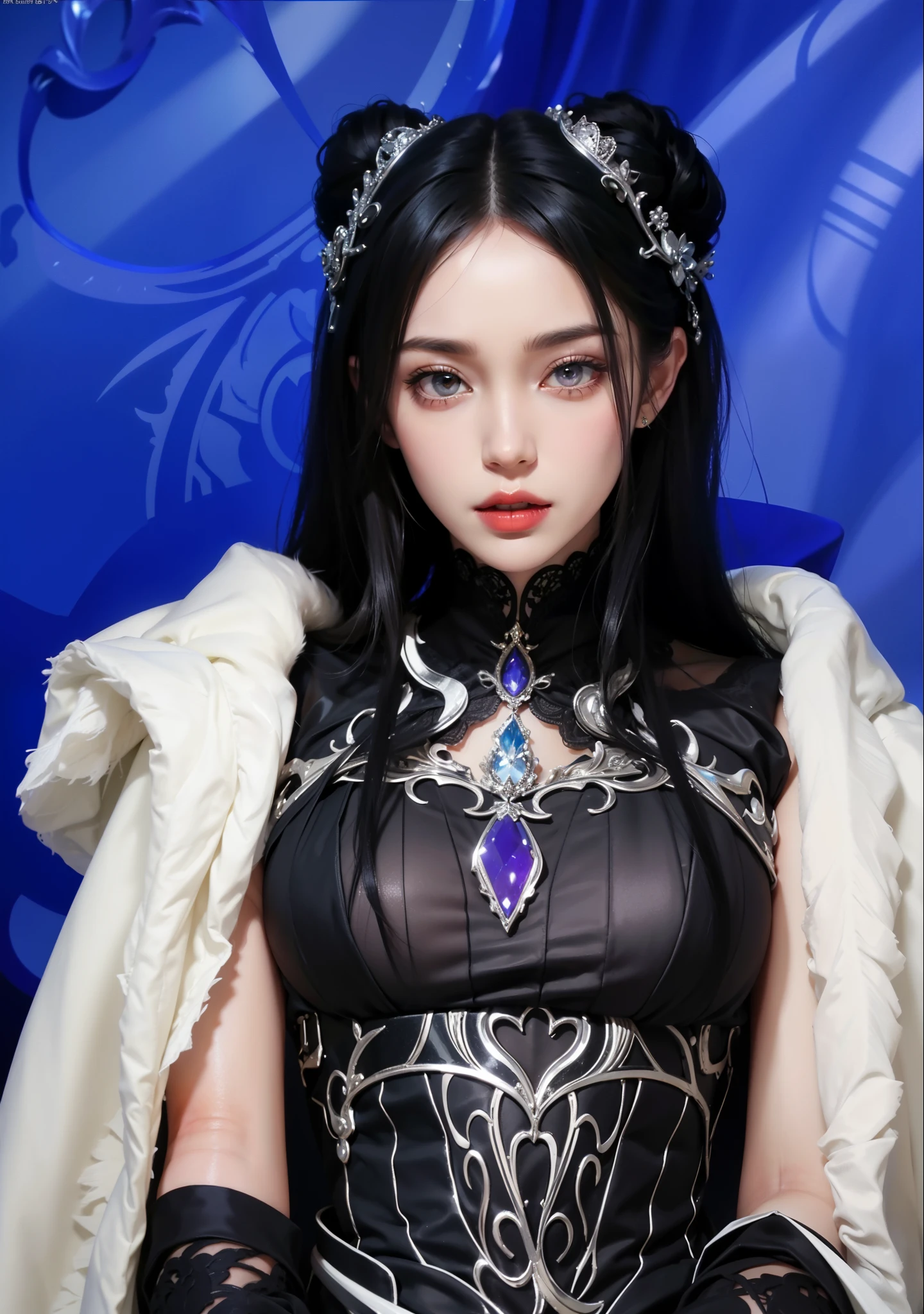 Royal sister，exquisite eyes，ice queen，put the crown on your head，Detailed facial expressions body，tall figure，Attractive figure，Leg length，4K，HD，Sensual，White translucent lace，Fair and plump figure，Good face shape，cherry bites，beautiful and delicious（3D royal sister），plump ass，gloss gel coat，Vampire queen wears luxurious dress，Have a tattoo(intricate tattoo designs)，upper body portrait