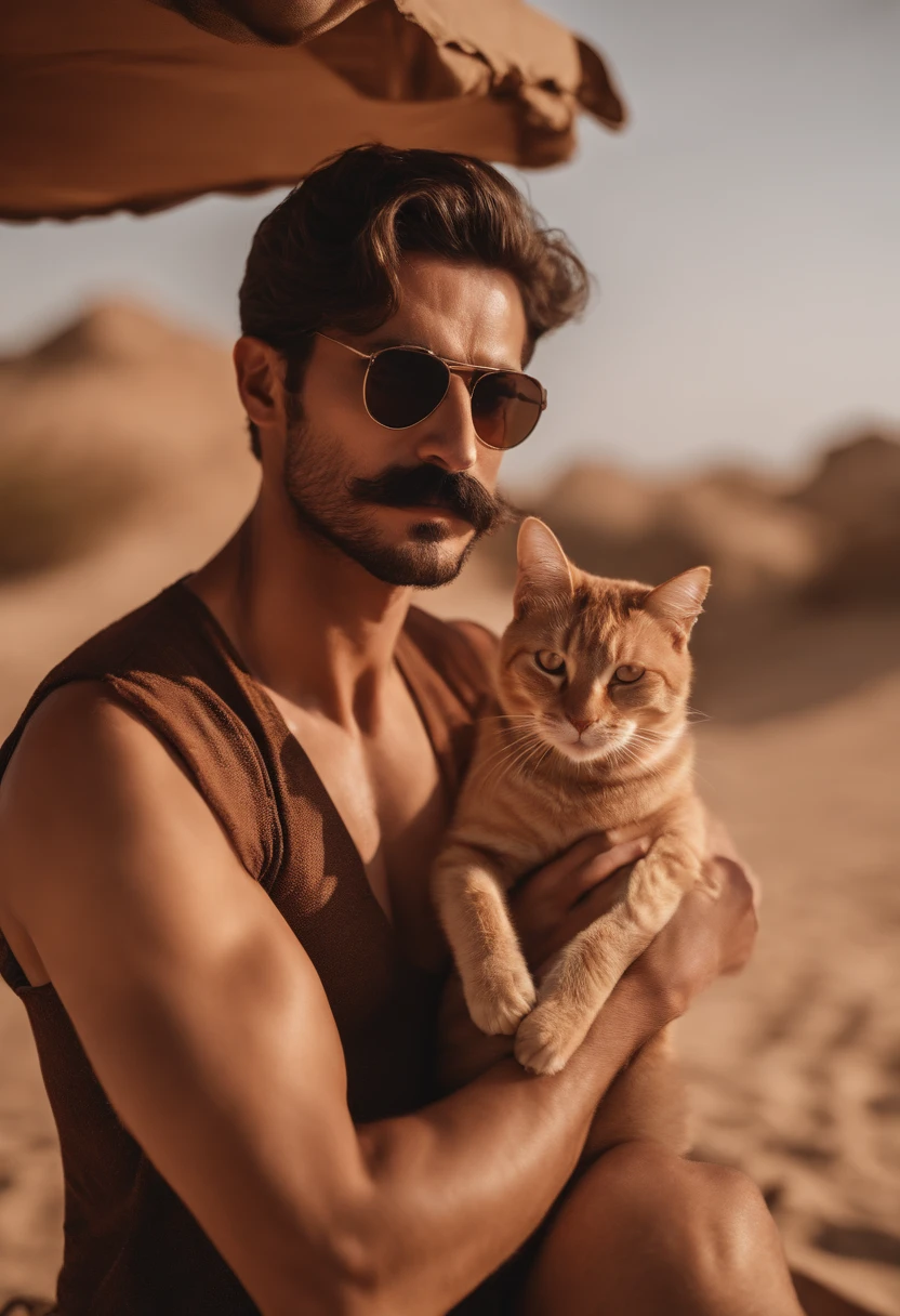 Handsome  moustache Turkish guy tall thin shirtless desert bikini showing armpit hug a cat sunglasses happy underwear 🩲