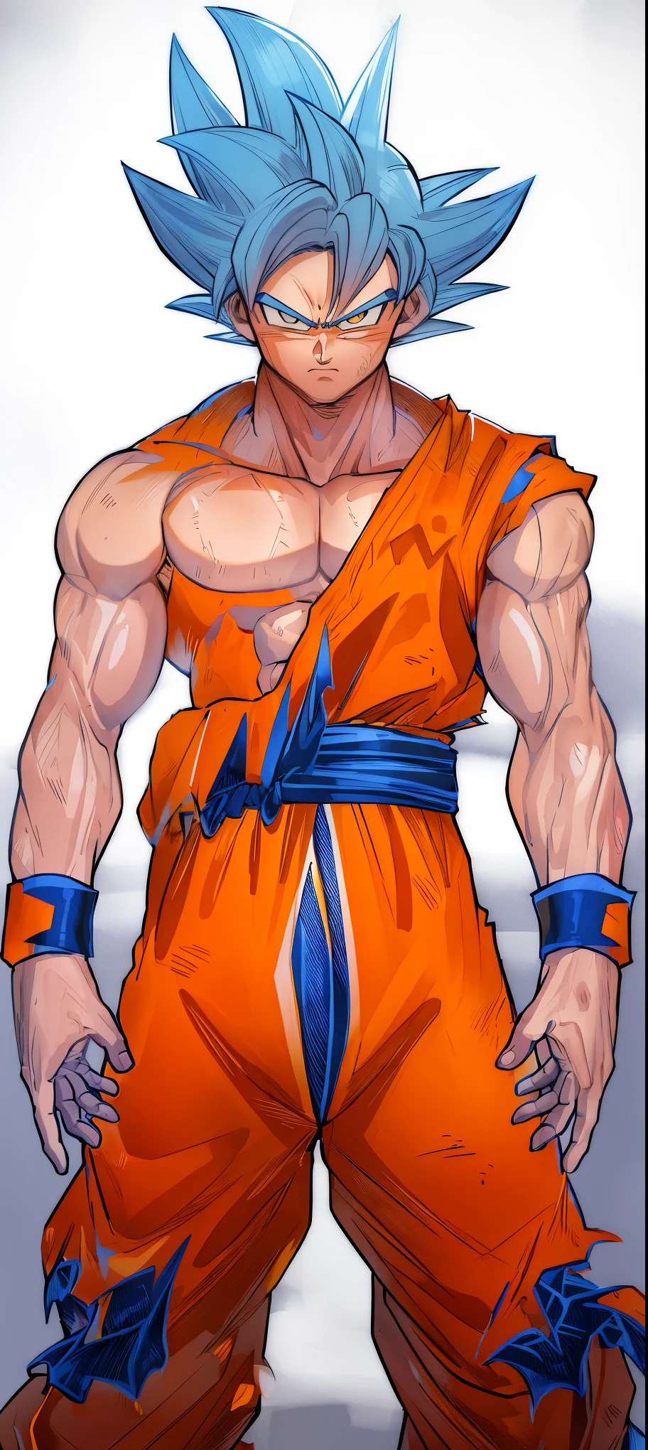 (highres,masterpiece:1.2),goku training at a bodybuilding gym,strong muscular man,impressive muscular physique,strong arms and legs,intense determination,steely focus,goku's iconic spiky hair,goku's fierce expression,athletic energy,goku's orange and blue gi,well-defined muscles,rippling biceps and toned abs,bulging veins in arms,outdoors,natural lighting,goku's vibrant aura,powerful aura radiating from goku's body,determined stare,unyielding will,dragon ball super styling,colorful and vibrant artwork,strong and dynamic lighting,blurred motion in the background,perfectly sculpted physique,muscle definition in every detail,inspiring motivation and perseverance,Son goku,outdoors, dragon ball, long silver hair, topless,blue morning sky