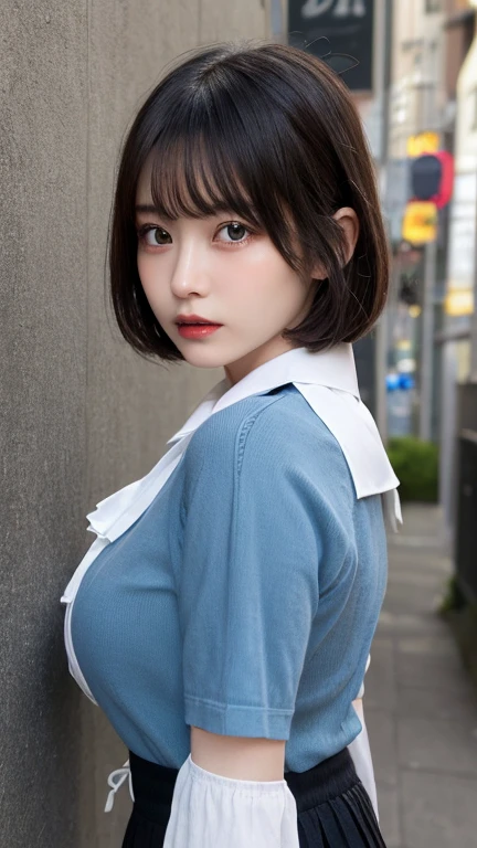 muste piece, best quality, illustration, Super detailed, fine details, High resolution, 8K,wall paper, perfect dynamic composition,(Details High quality, realistic depiction of eyes:1.3), (collared shirt:1.1),pleated skirt, big breasts, short bob hair、black hair color,Big Natural Color Lip, bold sexy pose,crying a little、cold gaze,Harajuku style、20 year old girl、cute type、ta、