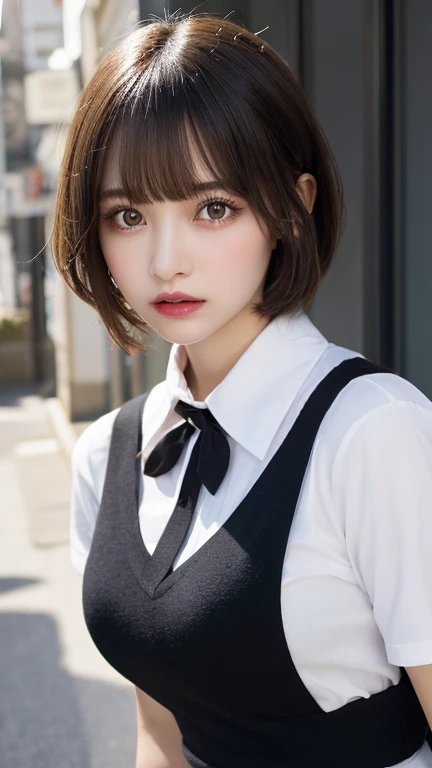 muste piece, best quality, illustration, Super detailed, fine details, High resolution, 8K,wall paper, perfect dynamic composition,(Details High quality, realistic depiction of eyes:1.3), (collared shirt:1.1),pleated skirt, big breasts, short bob hair、black hair color,Big Natural Color Lip, bold sexy pose,crying a little、cold gaze,Harajuku style、20 year old girl、cute type、lolita、