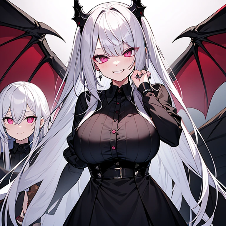 silver hair、sharp eyes、pink eyes、vampire、Ruthless smile、bloody face、black dress、big breasts、darkness、Aggressive、Insanity、Character Design