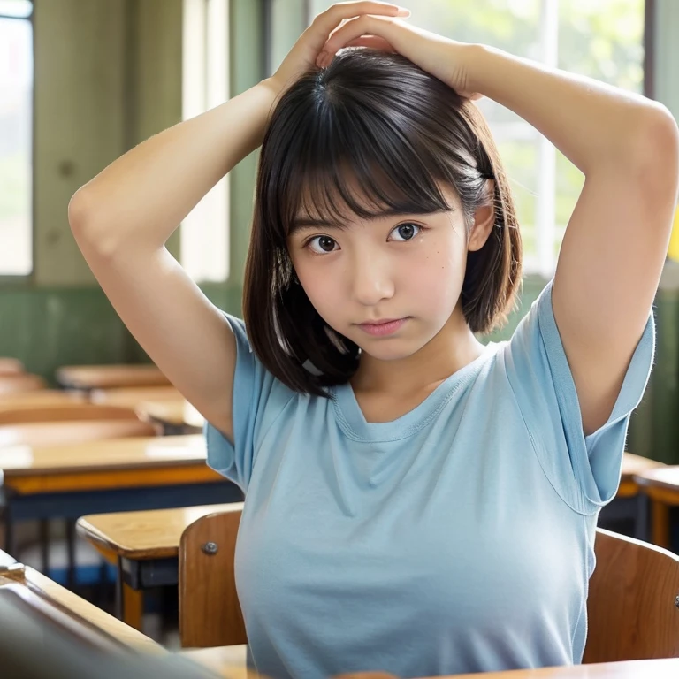 Cute Japan high school student、put your hands behind your head、Show your armpits to the photographer、sweaty、High-temperature and humidity、I can see the side、I have a little armpit hair growing、classroom、sit at desk