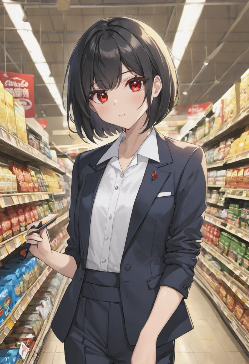 #short bob#Butler#Background: Inside the supermarket#black hair#red eye#noon#high resolution#8k#clothes tuxedo#Butlerとスーパーで買い物#light in the eyes#woman#