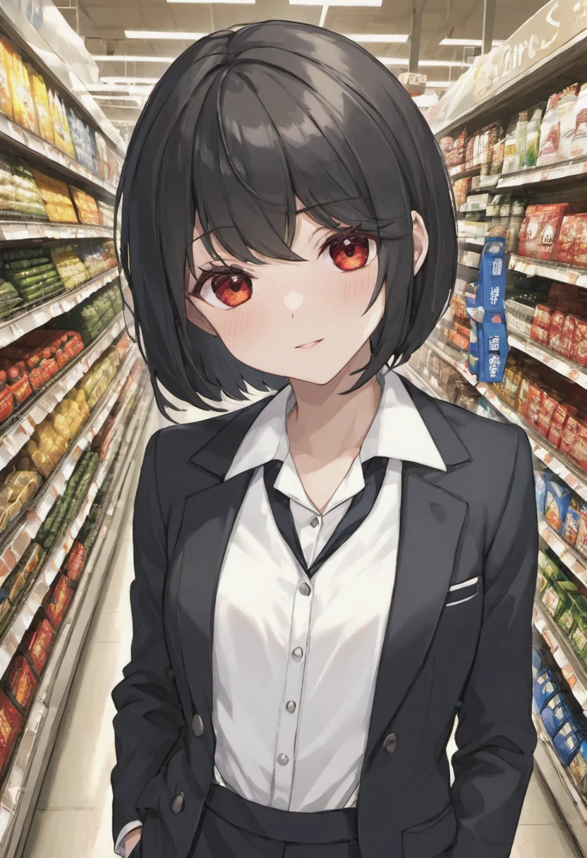 #short bob#Butler#Background: Inside the supermarket#black hair#red eye#noon#high resolution#8k#clothes tuxedo#Butlerとスーパーで買い物#light in the eyes#woman#