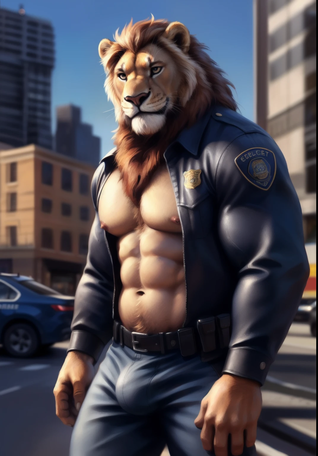 Lion, male, solo, adult, abs, pecs, nipples, older, strong muscles, long mane, detailed face, beautiful eyes, detailed eyes, police outfit, open police jacket, muscular chest, muscular, seductive face, bodybuilder body, beefy, city and police car, blue jeans pants, bulge, looking_at_viewer, by bruteandbrawn, by personalami, by kenket, (intricate, high detail, film photography, soft focus, RAW candid cinema,
photorealism, realistic, photorealistic, analog style, subsurface scattering,
masterpiece, best quality, ultra realistic, 8k)