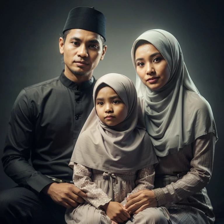 Hyperrealistic Photography of a small Indonesian Muslim family,
The father has a slightly full body and the mother, with a 4 year old daughter, wears a hijab and wears black Muslim clothes. The background of the room is glowing gray. hyperrealistic photo, gradient retro-style