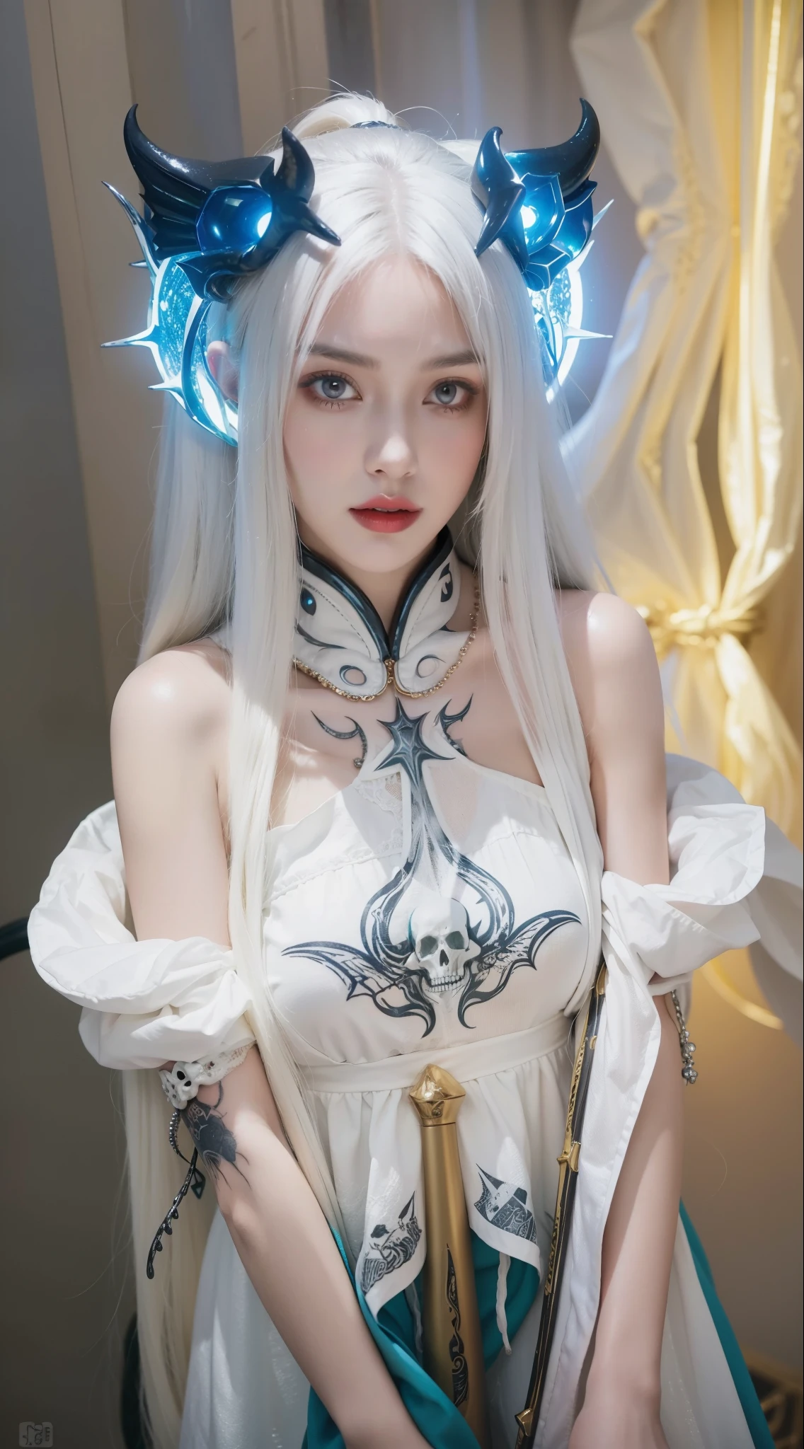beautifully,Picture of a box full of swords,wing, succubus theme,fallen angel,Excellent,scary,secret horror,tentacle,have eyes,uncanny valley effect,blood moon,skull skeleton,vampire,Hellfire,female devil,Swarovski crystals,vampire公主,High quality facial details,Photo quality,luxury,High-end aesthetics,Deep starry sky eyes,apply lipstick,There are many tattoos on the body,Gorgeous intricate colorful tattoos,upper body portrait