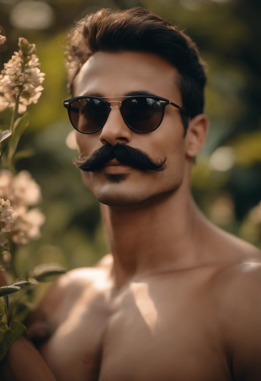 Handsome  moustache arap guy tall thin shirtless bikini showing armpit hug a cat sunglasses happy nature flowers 