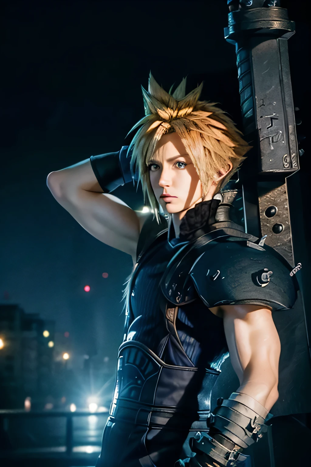 (masterpiece, best quality:1.4), (((1 guy))), highres, solo, (((cloud strife))), Cosplay, a close up of a person holding a big sword in a city, cloud strife from final fantasy, high detailed skin, dslr, soft lighting, high quality, highly detailed face, highly detailed skin, skin pores, subsurface scattering, realistic pupils, full face blush, detailed background, depth of field, volumetric lighting, sharp focus, absurdres, realistic proportions, good anatomy, ((cowboy shot)), ((looking at viewer)), (realistic, hyperrealistic:1.4), 16k hdr, from above, (((Blue sky))), BREAK, ((dimly lit alley, ruins)), cityscape