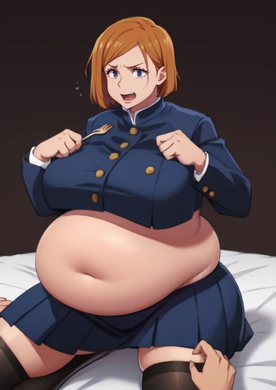 (masterpiece, best quality), 1girls, big belly, blurry background, huge belly, art by kipteitei, round belly, chubby, curvy, short cut hair, brown hair, ripped shirt, skirt, thighhighs, simple_background, gradient_background, belly bursting out of (((black school uniform))), long sleeves, enormous belly, fat belly, thicc, bigger belly, really big belly, jiggly belly, giant huge belly, big enormous belly, ((((gigantic belly)))), bloated belly, fat belly, ginormous big belly, expanding big belly, sfw, safe for work, kneeling on bed, sfw (safe for work), nobara kunisaki, (((a person out of frame is feeding her a bite of cake on a fork, she has her mouth open wide for the cake to go))), sweating, blushing, (mouth open wide, tongue out, she is saying aaah)