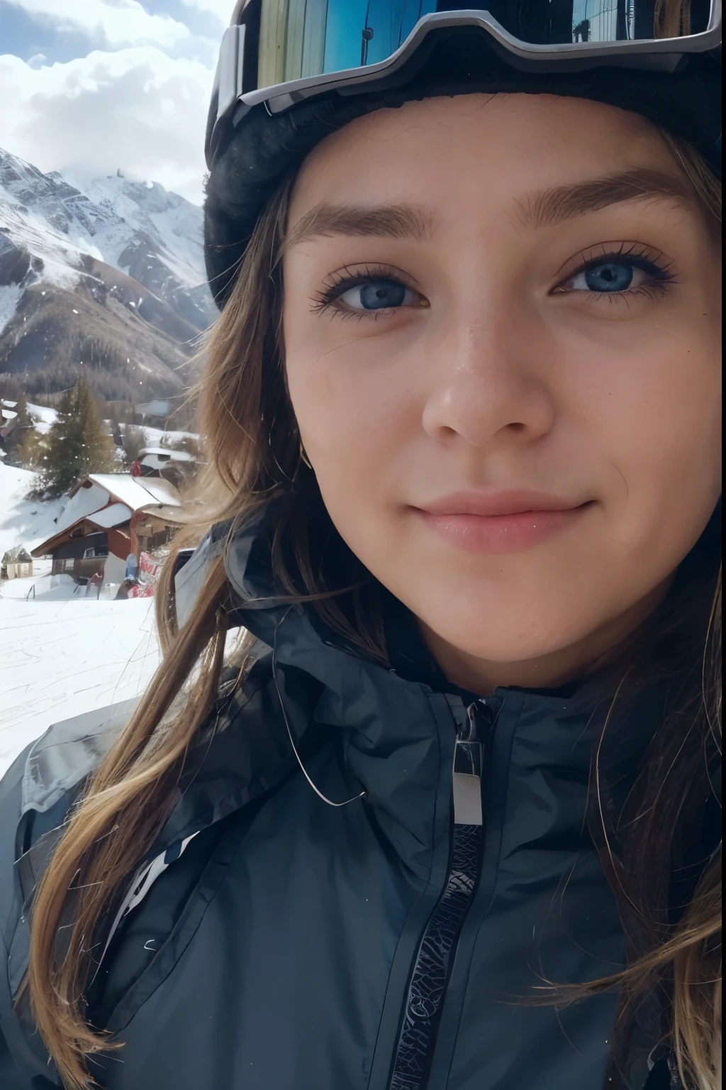 post for instagram, iPhone camera quality, details skin, Blonde hair girl skiing in the mountains in a ski outfit, cute face,  she has a cute face, 20 Jahre alt, sie schaut nach rechts