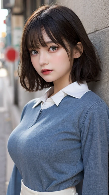 muste piece, best quality, illustration, Super detailed, fine details, High resolution, 8K,wall paper, perfect dynamic composition,(Details High quality, realistic depiction of eyes:1.3), (collared shirt:1.1),pleated skirt, big breasts, short bob hair、black hair color,Big Natural Color Lip, bold sexy pose,crying a little、cold gaze,Harajuku style、20 year old girl、cute type、lolita、