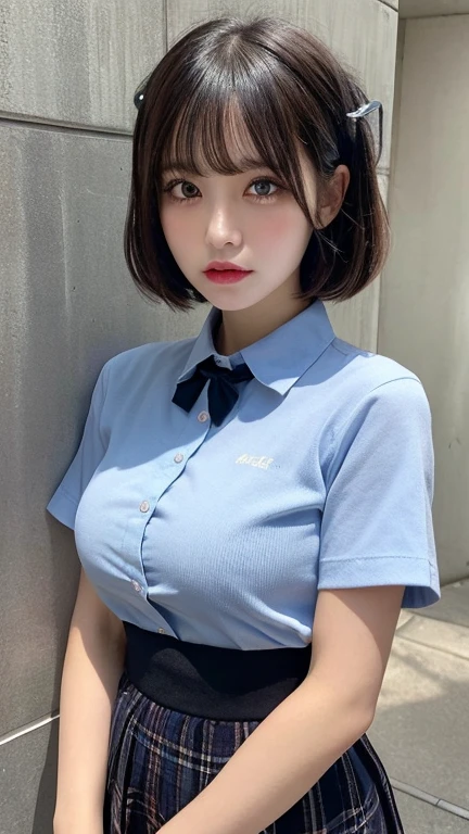 ((8k, RAW photo, highest quality, masterpiece), High detail RAW color photo professional close-up photo, (realistic, photo realism:1. 37), (highest quality), (best shadow), (best illustration), collarbone ((large breasts)), ((erotic, sexy, horny)) ultra high resolution, highly detailed CG unified 8K wallpapers, physics-based rendering, cinematic lighting), (aegyo sal:1), 1 school 18 years old girl in school uniform shirt, (white shirt with blue collar with Button open:1.2), ((half white lab coat outside)), (sailor collar school uniform), short shirt bare midriff, dark blue plaid pleated skirt, in a classroom, middle breasts, (cleavage), beautiful detailed eyes, light on face, ((full body shot)), Particularly strong light, lying on a desk, Feminine Expressions, (silk stockings with garter belt, thick thighs), ((black twintails)), <lora:koreanDollLikeness_v15:0.2>, <lora:japaneseDollLikeness_v10:0.4>, <lora:taiwanDollLikeness_v10:0.1>, ulzzang-6500-v1.1:0.2, shy, (flush), China, braids, (perfect fingers)