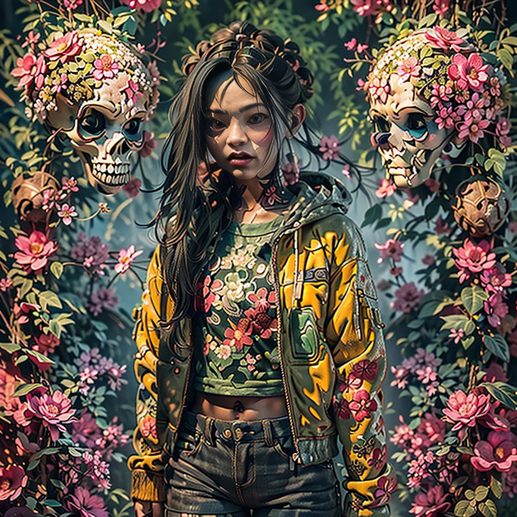 ((1 open face girl),(full height, very cute)).((pretty young black girl, black hair), (green:1.5, orange:1.1, white:1.3, yellow: 1,3), (very sexy girl rapper with dreadlocks), (tattoos), (naked parts of the body), (down jacket: 1,2), (Jacket on the naked body, thong, short T-shirt)). ((skulls, flowers, fruits),(fractal, Cherry blossoms, green leaves, Fog, circles background)).((Ideal, beautiful), (picturesque background, wide strokes, attention to detail of a girl’s face, figure, flowers) ). ((background complex insanely detailed octane render trending on artstation), (8k fine art photography, photorealistic concept art), (soft natural volumetric cinematic perfect light, chiaroscuro, award-winning photography), (masterpiece)).