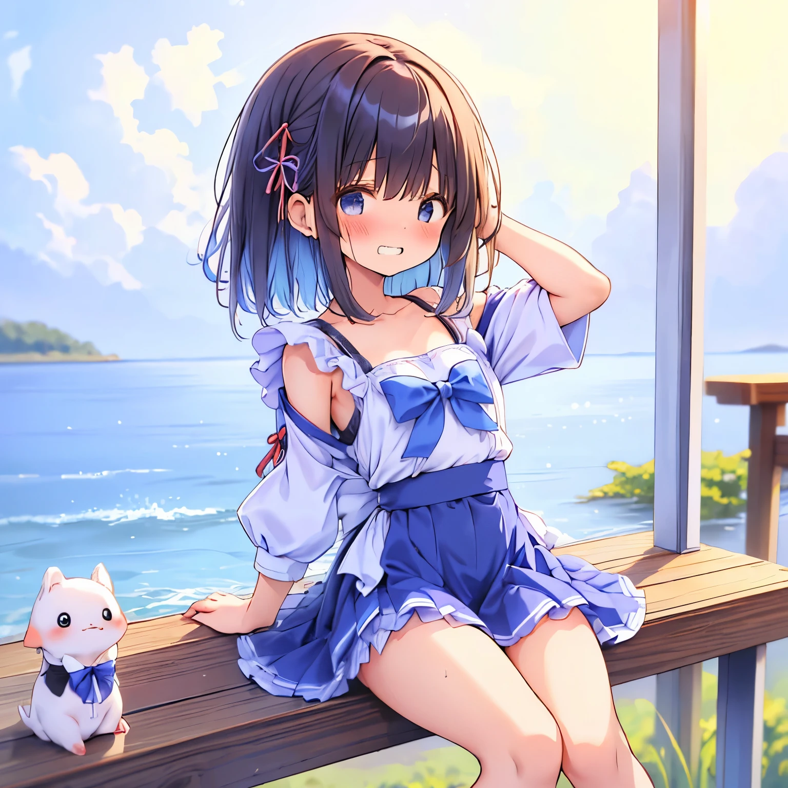 ((日本人のgirl1人、aldult)), ( petite)), twin tailasterpiece, 最high quality, high quality, Highly detailed 8K wallpaper,riverbank、promenade、Blue hair、Tropics、intense heat、heavy breathing、Breathing、Sweat、cute girls、Cute Japanese maid、Kappogi、ruffle apron、dynamic pose、Pick up the skirt、(thin、small mouth、kissing face)、small breasts、waiting for a kiss、No correction、(girl、Classmate、squid belly、Kappogi)、（No underwear）、beautiful flat chest、（激しいSweat）、(female primary school student、Cute Armpits、Before menarche、cute thighs、T-back）、（mini skirt:0.7）、(embarrassed face、grinning face）、（On a date、Sit on the railing）、（slouch）、Life-size、in front of the camera、Inner thigh sitting、Skirt flipping、breeze