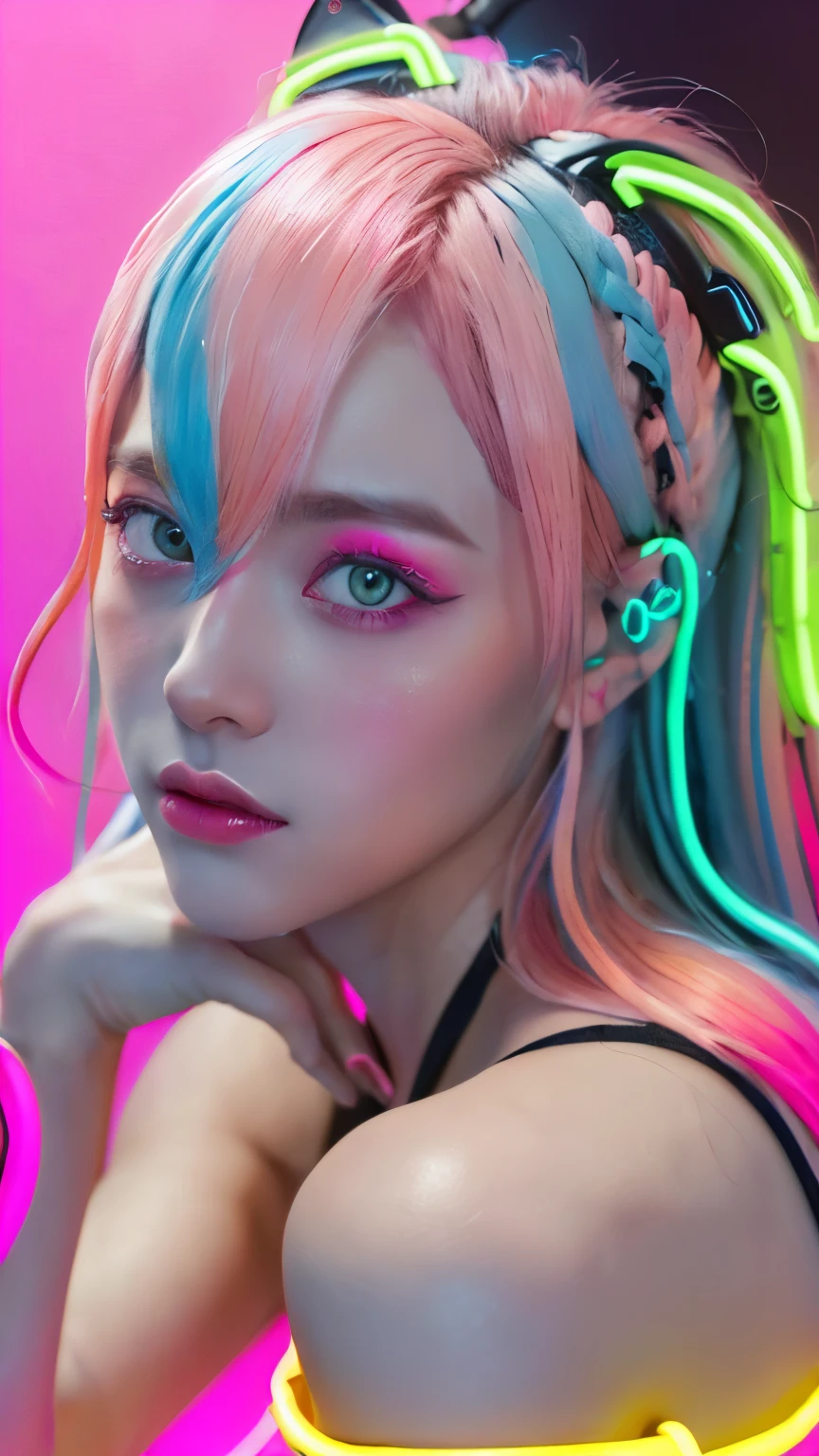 masterpiece, highest quality, 4K, Photorealistic, bokeh, enlightenment,1 perfect portrait of a girl, (A fascinating eye for perfect detail:1.2), colorful hair, (gradient hair), (neon pink hair:1.6), (Cat ear), fantasy background, (exposed bare shoulders), (long-term alienation_sleeve), (lean forward a little), If you look up,hair ornaments,{shy},please shut your mouth, head tilt, movie lighting, oversized clothes, (seductive pose:1.4), (neon pink background:1.6)