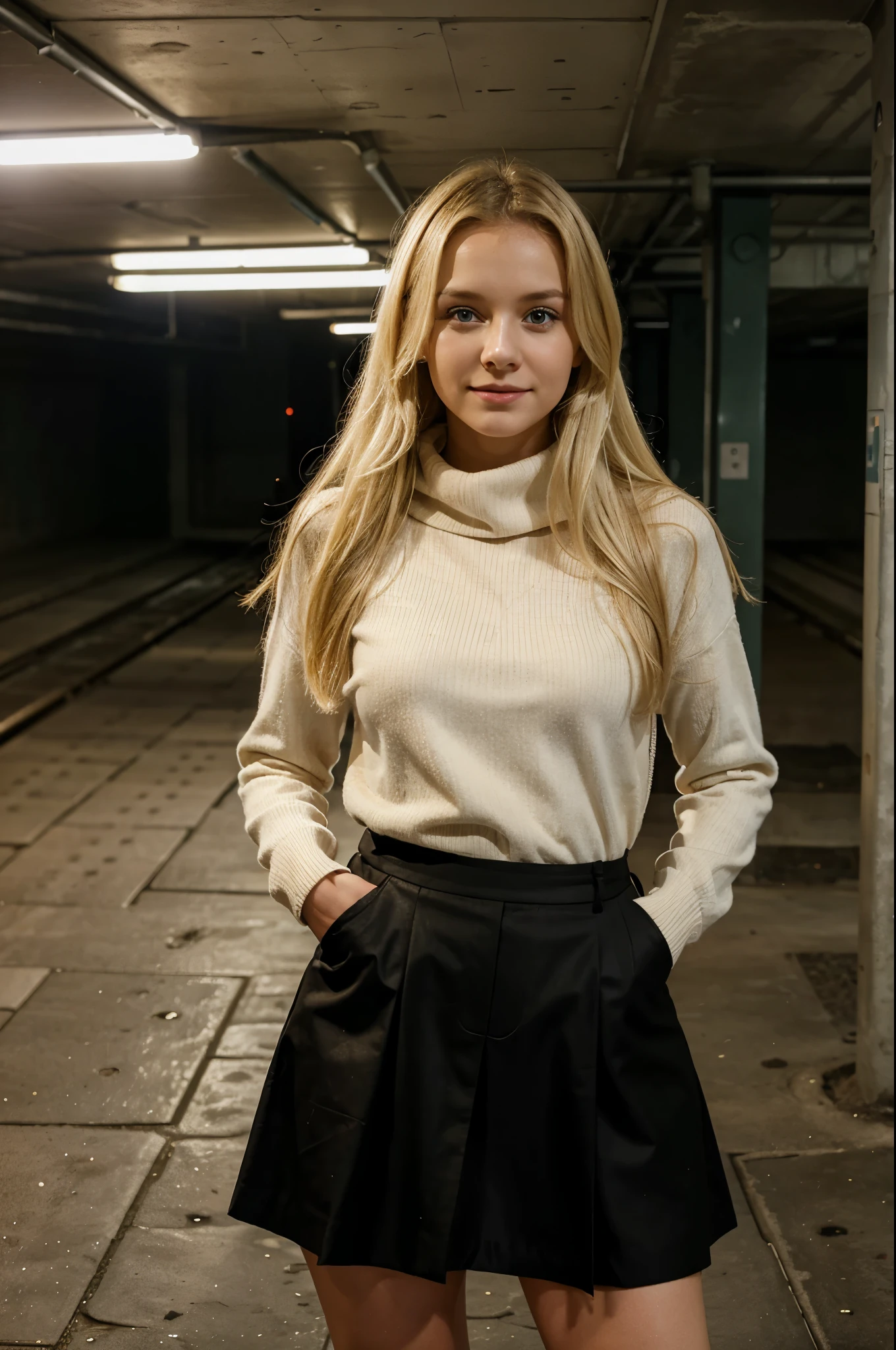 Blonde girl stands in an underground car park in Vienna in a winter outfit, she wears a skirt, she has a cute face, 20 Jahre alt, sie schaut nach rechts