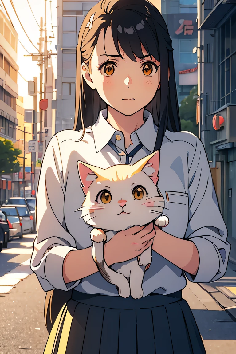 (Masterpiece), (Top Quality), Ultra-Detailed Illustration, Beautiful Artwork, One Girl, Solo, Japanese High School Girl with Long Black Hair, (Uniform), Full Face, (All White with Very Big Yellow Eyes, Looking at Cute Kitten), Light Leak, Front, From Below, Tokyo Street, (Blurred), Makoto Shinkai Anime Style