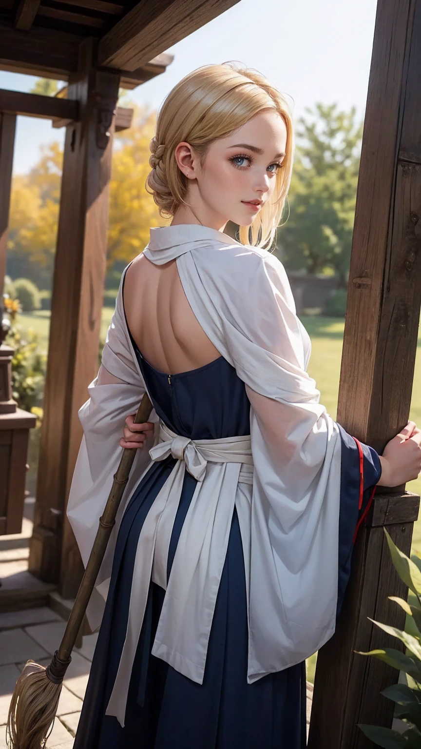 blonde hair, gradient hair, hair over shoulder, hair behind ear, longeyelashes, light smile, Surrealism, depth of field, atmospheric perspective, foreshortening, UHD, anatomically correct, highres, 16k、
((最high quality, 8K, masterpiece: 1.3, Ultra HD, high quality, 最high quality, High resolution, realism)) 、(high color saturation:1.0), (highly detailed skin), (最high quality:1.0), (超High resolution:1.0) ,(realistic:1.0), (Super detailed:1.0), (8K, Raw photo:1.1), slender、Slender, muscular body that&#39;s toned like an athlete&#39;s、I don&#39;t want my head to disappear from the screen.、25 year old white woman、platinum blonde、blue eyes、long hair、hair above one eye、smile、On the approach to a Japanese shrine、She is a shrine maiden.、Sweeping the grounds with a bamboo broom、Grinning ((light smile)
