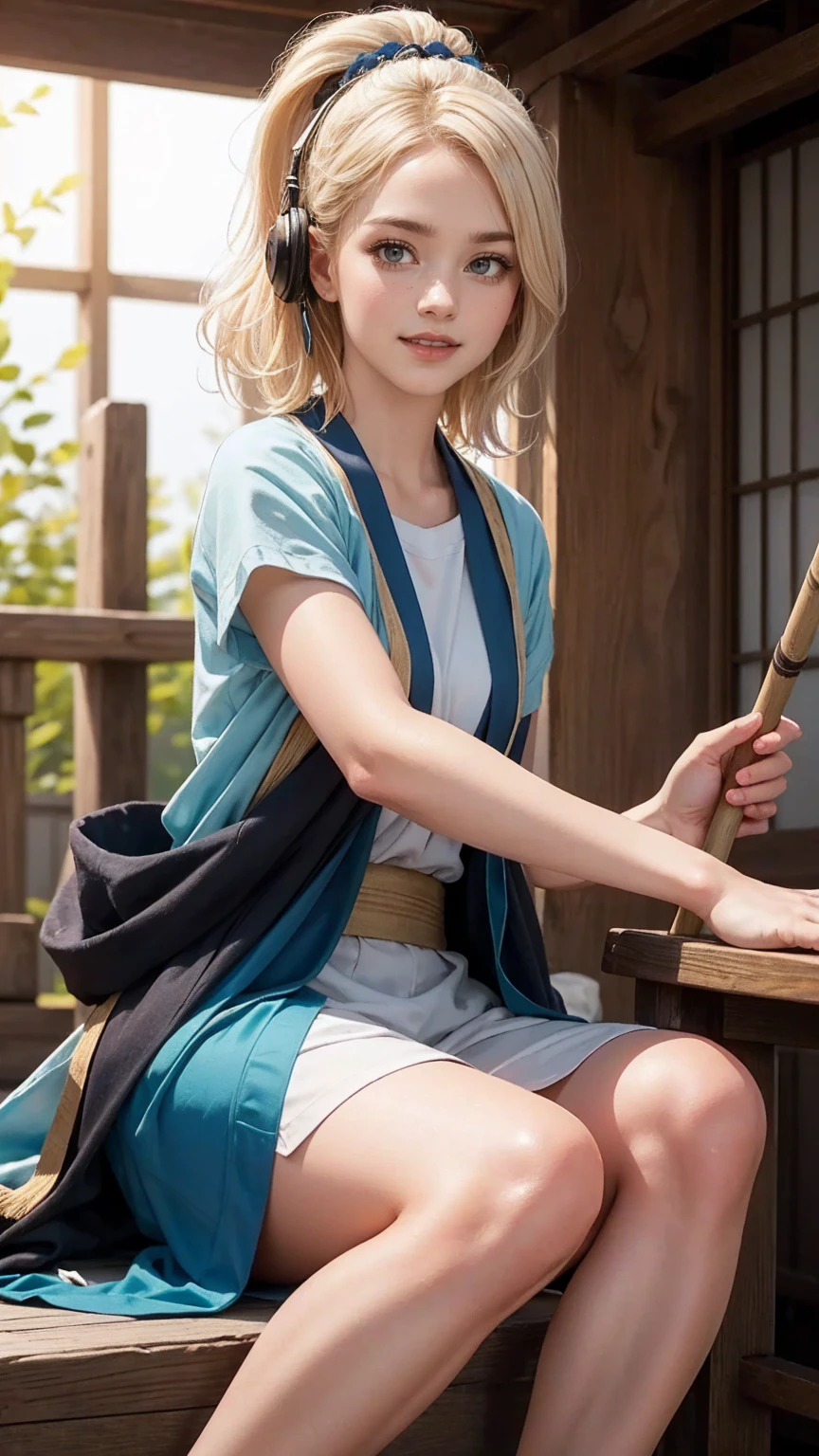 blonde hair, gradient hair, hair over shoulder, hair behind ear, longeyelashes, light smile, Surrealism, depth of field, atmospheric perspective, foreshortening, UHD, anatomically correct, highres, 16k、
((最high quality, 8K, masterpiece: 1.3, Ultra HD, high quality, 最high quality, High resolution, realism)) 、(high color saturation:1.0), (highly detailed skin), (最high quality:1.0), (超High resolution:1.0) ,(realistic:1.0), (Super detailed:1.0), (8K, Raw photo:1.1), slender、Slender, muscular body that&#39;s toned like an athlete&#39;s、I don&#39;t want my head to disappear from the screen.、25 year old white woman、platinum blonde、blue eyes、long hair、hair above one eye、smile、On the approach to a Japanese shrine、She is a shrine maiden.、Sweeping the grounds with a bamboo broom、Grinning ((light smile)