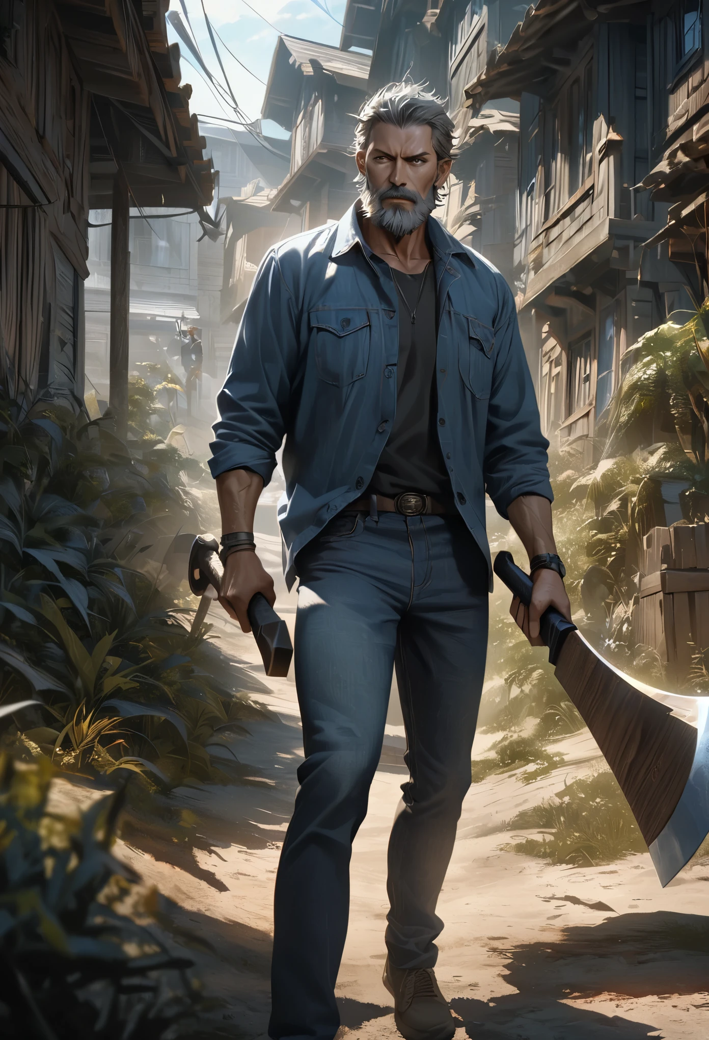 (masterpiece) best quality, Super detailed, surreal, 40 year old male, sharp gaze, The average person, Strong, Short beard and gray hair, Lumberjack shirt and casual jeans, (wielding his ax: 1.3) , Cool and blue tones, Rustic houses in the background,Sometimes there is also some vegetation, Dynamic angle, High-resolution display, Realistic lights and shadows, Thrilling.