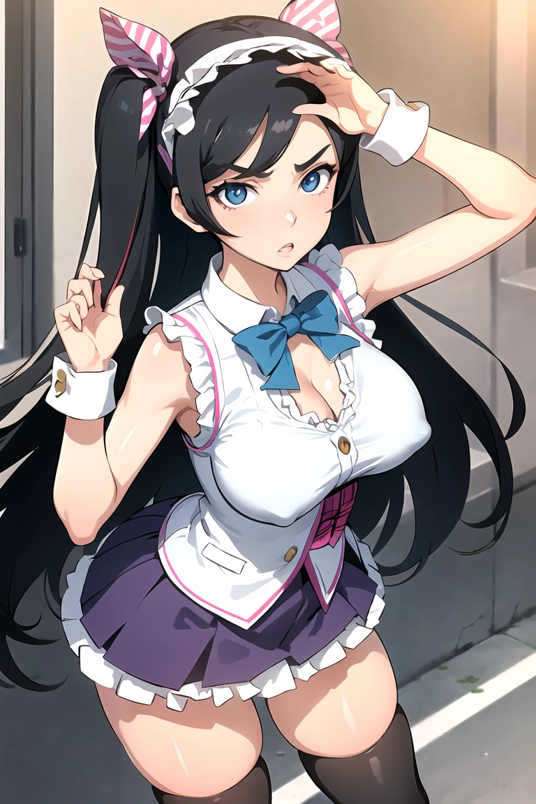 masterpiece, best quality, kumashiro maya, 1girl, solo, breasts, cleavage, long hair, white headband, parted bangs, blue eyes, looking at viewer, sweat, large breasts, (makeup), parted lips, kogal gyaru, idol, (school festival frilled costume:1.3),(mini skirt:1.3),zettai ryouiki,bow tie,hair ribbon,large breast,(button gap:1.1),sleeveless,cuffs,tights