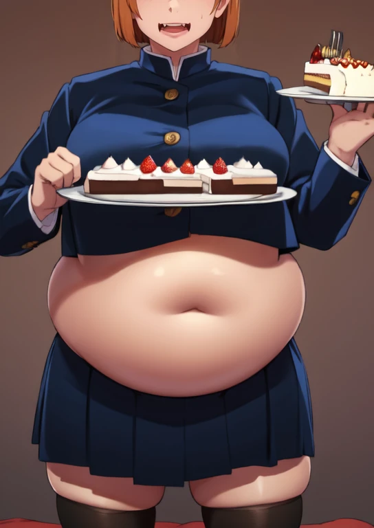 (masterpiece, best quality), 1girls, big belly, blurry background, huge belly, art by kipteitei, round belly, chubby, curvy, short cut hair, brown hair, ripped shirt, skirt, thighhighs, simple_background, gradient_background, belly bursting out of (((black school uniform))), long sleeves, enormous belly, fat belly, thicc, bigger belly, really big belly, jiggly belly, giant huge belly, big enormous belly, ((((gigantic belly)))), bloated belly, fat belly, ginormous big belly, expanding big belly, sfw, safe for work, kneeling on bed, sfw (safe for work), nobara kunisaki, (((a person out of frame is feeding her a bite of cake on a fork, she has her mouth open wide for the cake to go))), sweating, blushing, (mouth open wide, tongue out, she is saying aaah)