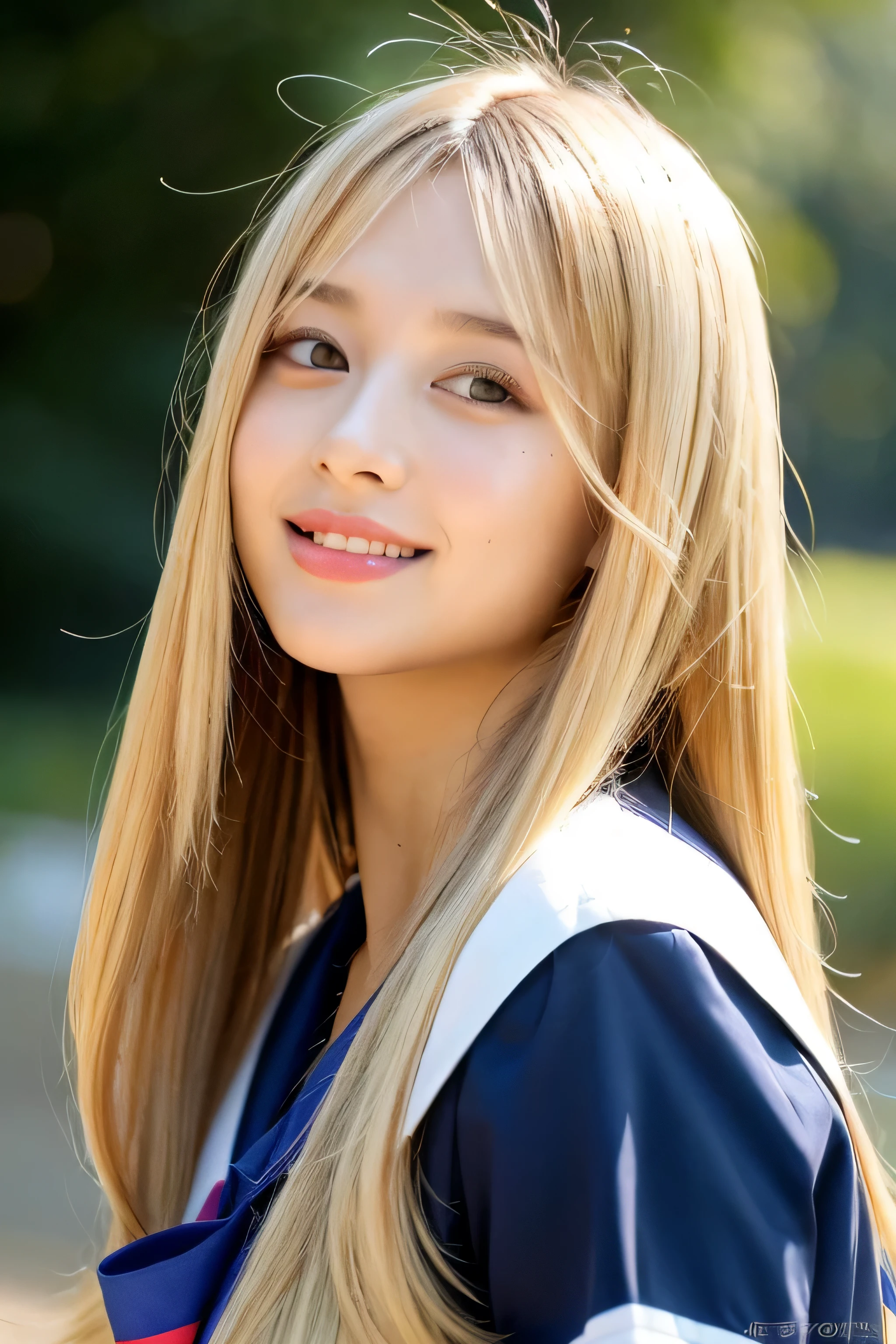 ((highest quality)), ((masterpiece)), (be familiar with), perfect face (1 girl) (Japanese) (She is and the most beautiful junior high school girl in Japan.)((highest quality)), ((masterpiece)), (become familiar with), perfect face arafed woman with long blonde hair long golden shiny hair,Golden silky hair, Straight blonde hair, long blonde straight hair, Perfect silky straight hair, Straight blonde hair, long blonde hair, her hair is long and straight, detailed long blonde hair (Big breasts as big as dodgeballs 1.4)(big breasts 1.4) (Super long hair down to the ankles) neat bangs The neatly trimmed bangs are princess cut and cover the entire forehead.. bright red lips fine hands fine fingers five fingers Sexy professional make up beautiful japanese girl face, Japanese facial features, Realistic young gravure idol with long hair Shiny long hair, long golden shiny hair, long and straight golden hair, her hair is long and straight, super long hair girl, silky hair, long blonde hair, silky hair, Long flat hair, Silky texture, with long hair, Long flowing blonde hair, thin and shiny hair Detailed white beautiful human body anatomically correct skin detailed eyes detailed mouth the corners of the mouth rise slightly (lips are thin) blushing face front view A cheerful smile (sailor suit) (Facing forward on a sunny day in the grass) (looking at the viewer) (Eyebrows are dark brown in color)