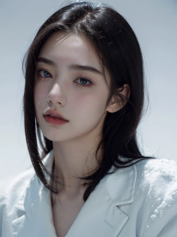 ( masterpiece, top quality, best quality,8k,17 years old girl,ultra detailed,raw photo:1.5),(photorealistic:1.4), (black hair:1.5), (cinematic lighting), PerfectNwsjMajic, , Surrealism, UHD, ccurate, Super detail, textured skin, High detail, Best quality, dynamic angle, White skin,[Beautiful blue eyes], high nose,[flat chest:large breasts:0.5],(1girl),(good anatomy:0.5)),(Portrait:1.5),snow