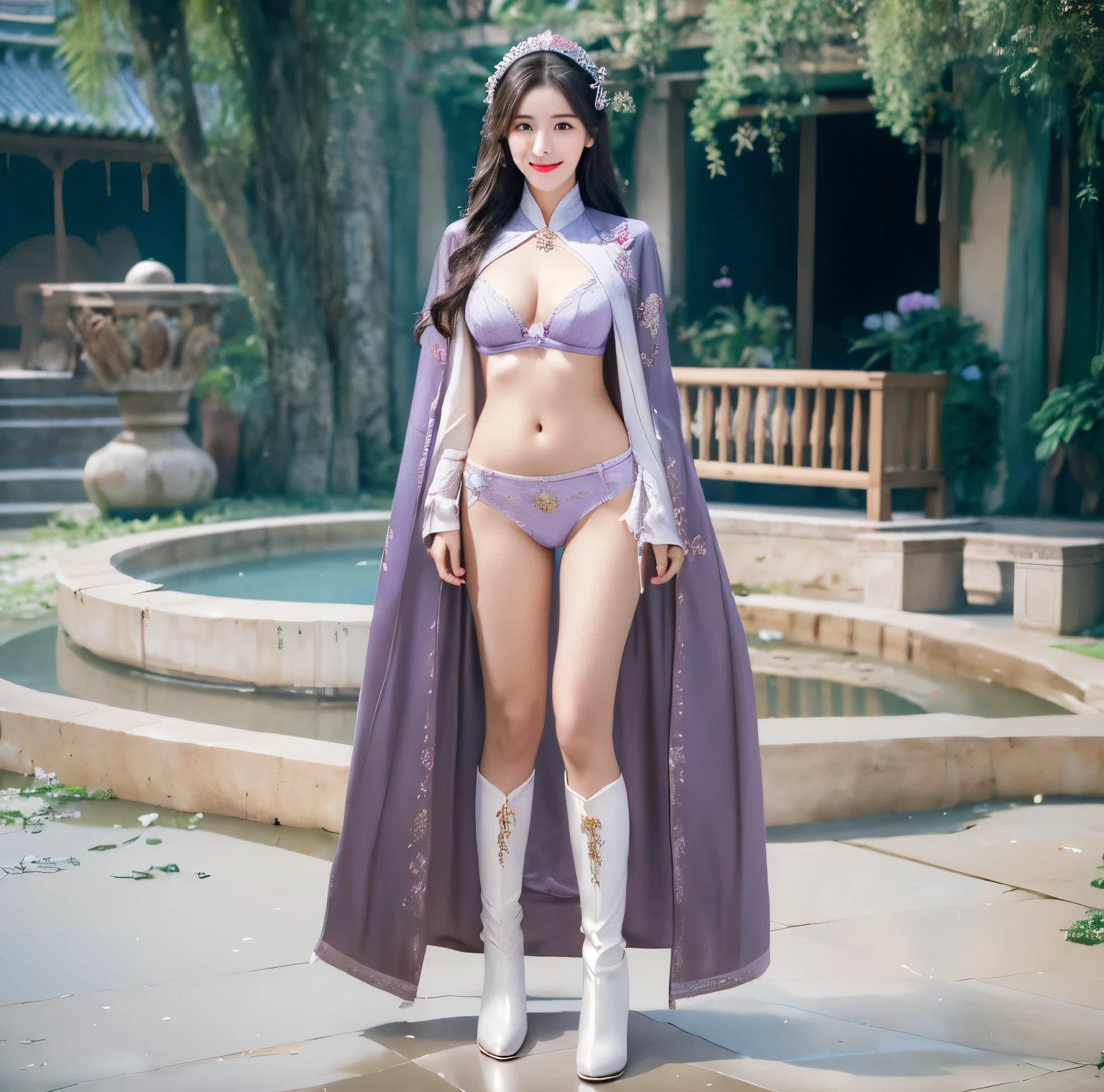 美麗的fantasy皇后, anime goddess, full body xianxia, ((美麗的fantasy皇后)), sweet smile,Sexy red bikini underwear,high-cut underwear,high cut underwear,Long-legged girl,put on boots,White boots,huge breasts,Put on your hat, Chinese Hanfu,fantasy服装, Sha Xi, ((美麗的fantasy皇后)), Put on the priest's cloak, full body purple cloak, 穿着fantasy服装, Anime girls cosplay look at the audience,facing the audience,Put your hands beside you,flowing long hair,Surreal 8000g,Impeccable,masterpiece,professional artwork,famous artwork,Light,movie bloom,perfect face,pretty face,fantasy,Dreamy and magical,not real,intricate details,Exquisite pattern