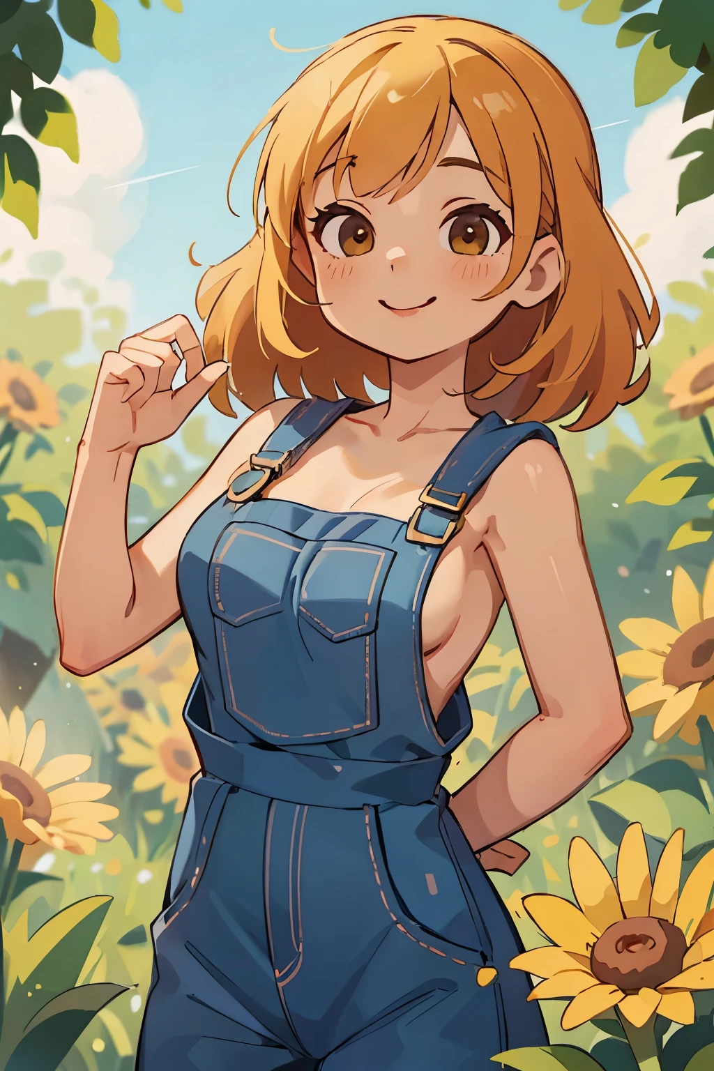 high quality, details, young girl in dungarees, garden, naked body, visible breasts, smiling, sunny weather