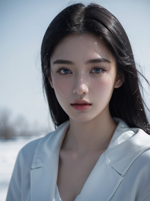 ( masterpiece, top quality, best quality,8k, girl,ultra detailed,raw photo:1.5),(photorealistic:1.4), (straight black hair:1.5), (cinematic lighting), PerfectNwsjMajic, , Surrealism, UHD, ccurate, Super detail, textured skin, High detail, Best quality, dynamic angle, White skin,[Beautiful blue eyes], high nose,[flat chest:large breasts:0.5],(1girl),(good anatomy:0.5)),(Portrait:1.5),snow